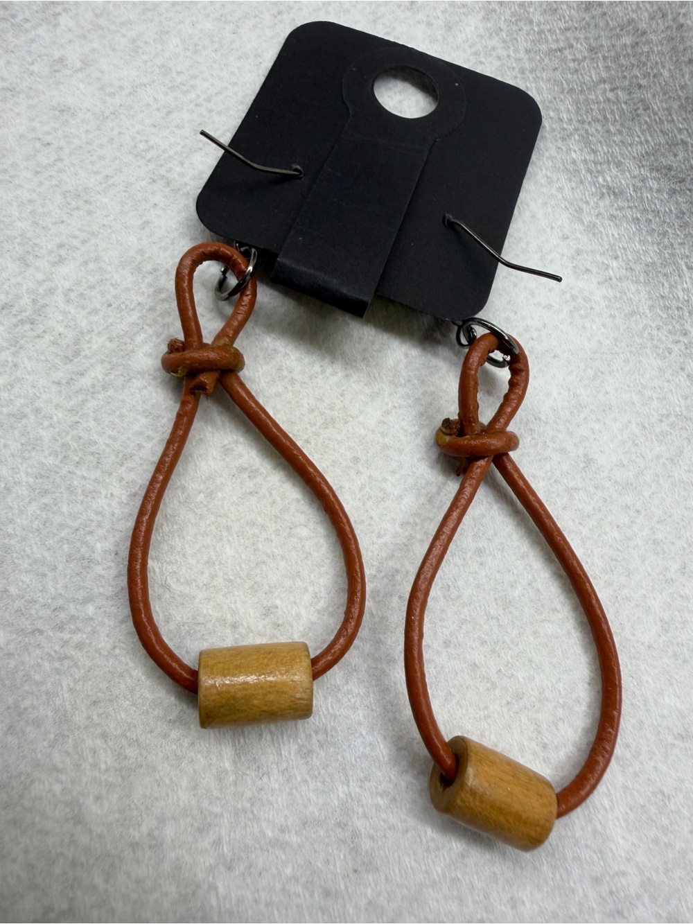 Boho Brown Leather Loop Earrings with Wooden Bead - Picture 4 of 7